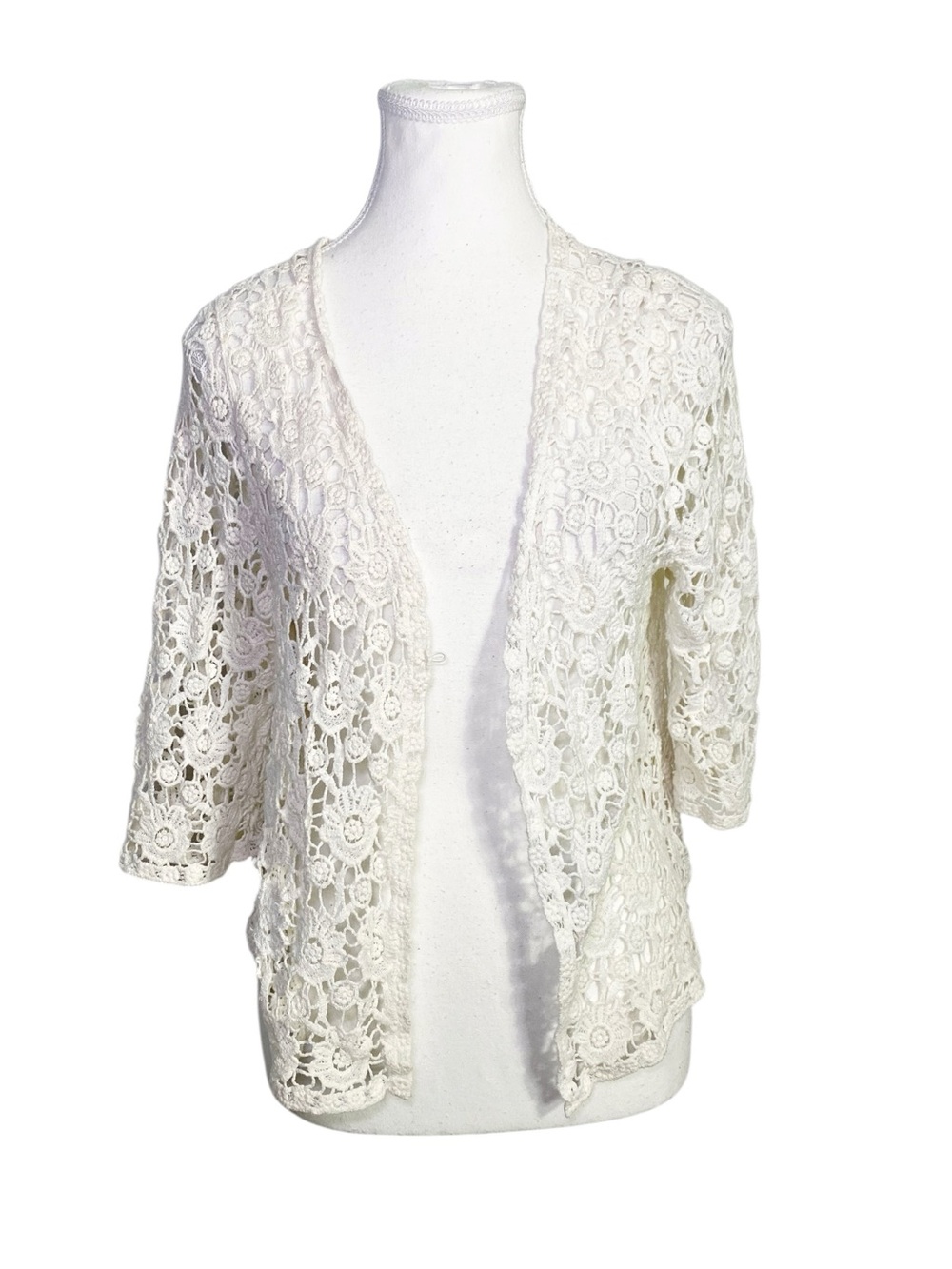 Chris McLaughlin Boho White Cotton Crochet Floral Lace 3/4 Sleeve Topper Large